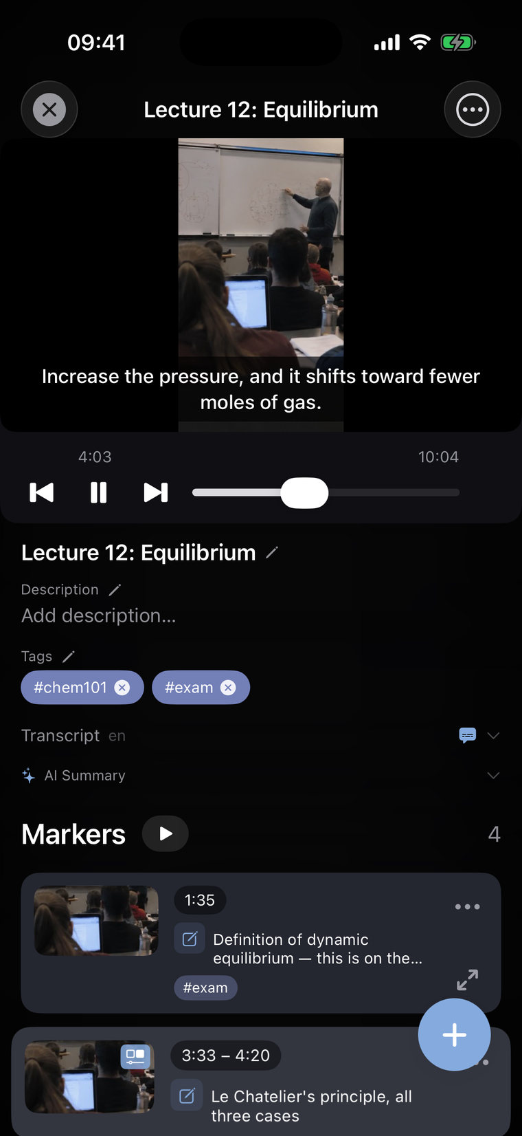 Lecture video playing with subtitles overlaid from the transcript