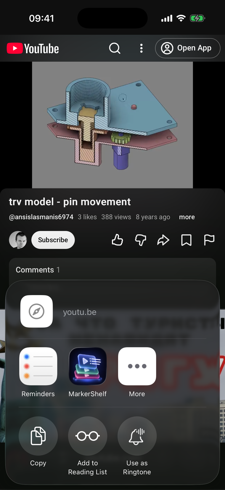 iOS share sheet on a YouTube video with MarkerShelf as a destination