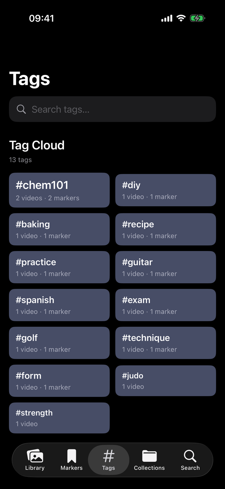 Tag cloud screen showing tags of different sizes