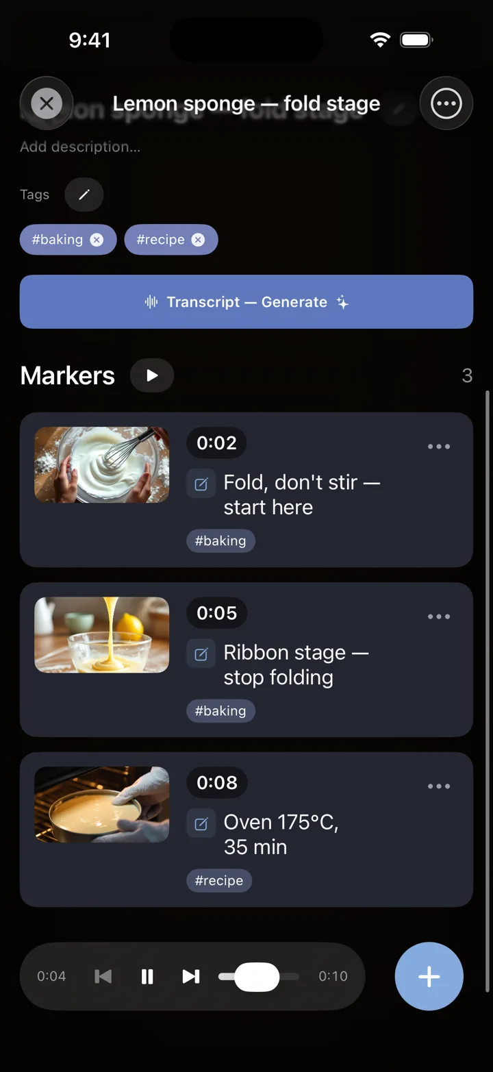 A cooking video with three markers under it, each with a screenshot and a note