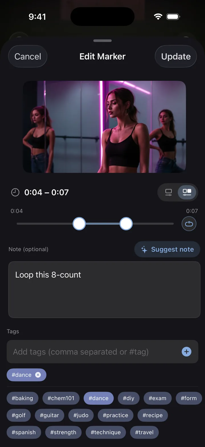 Range marker editor on a dance video, 0:04 to 0:07 selected with loop on
