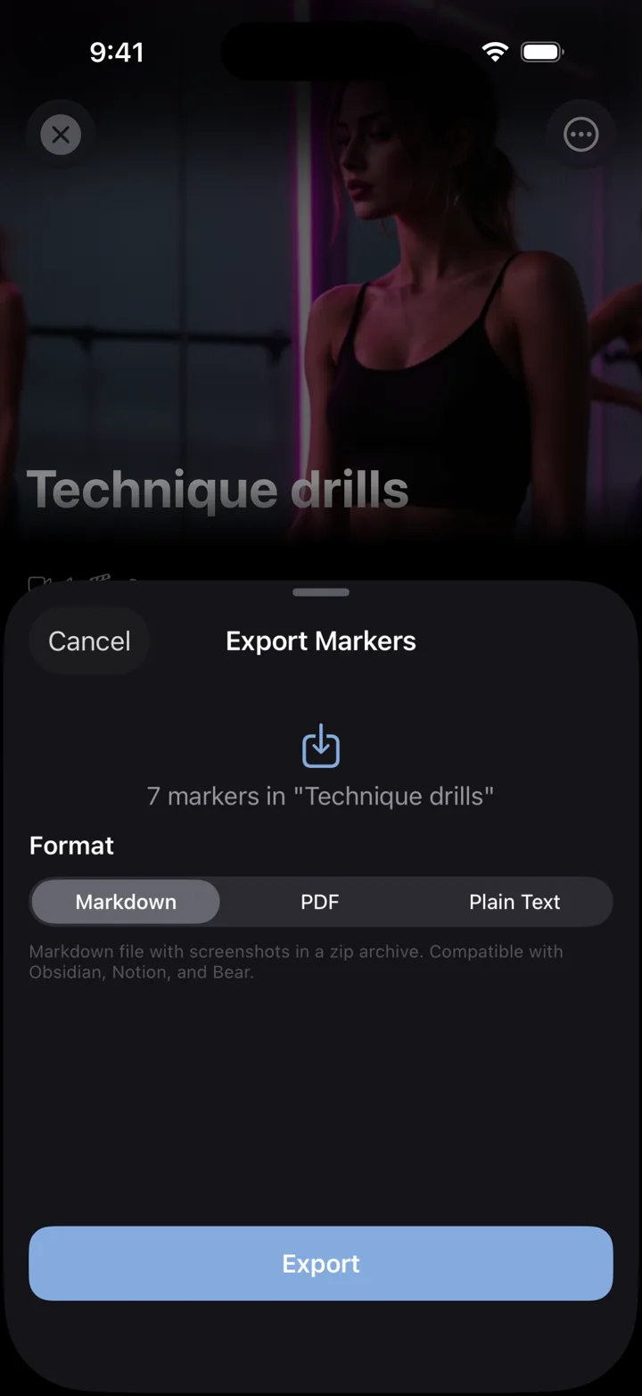 Export sheet with Markdown, PDF and Plain Text options for 7 markers