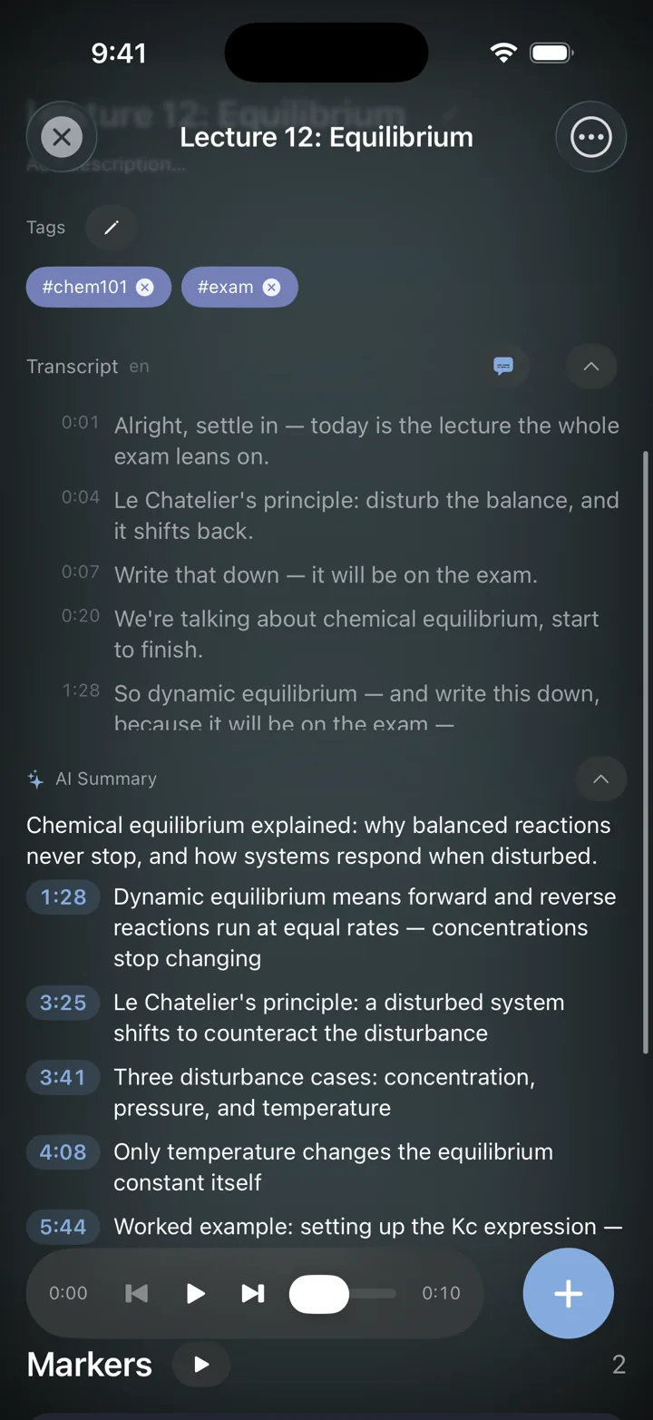 A lecture video with a transcript panel and an AI summary with timestamped bullets