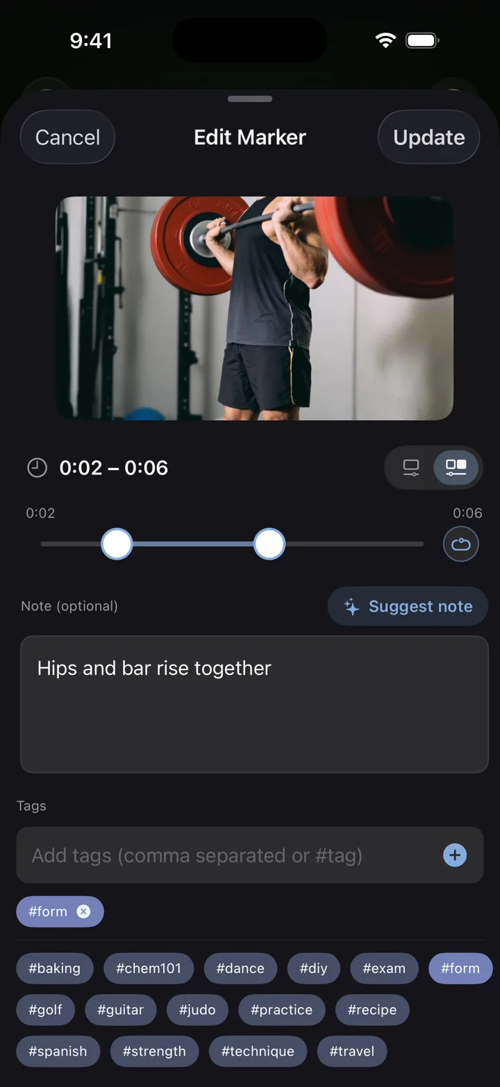 A deadlift form-check video with a marker being added and a suggested note