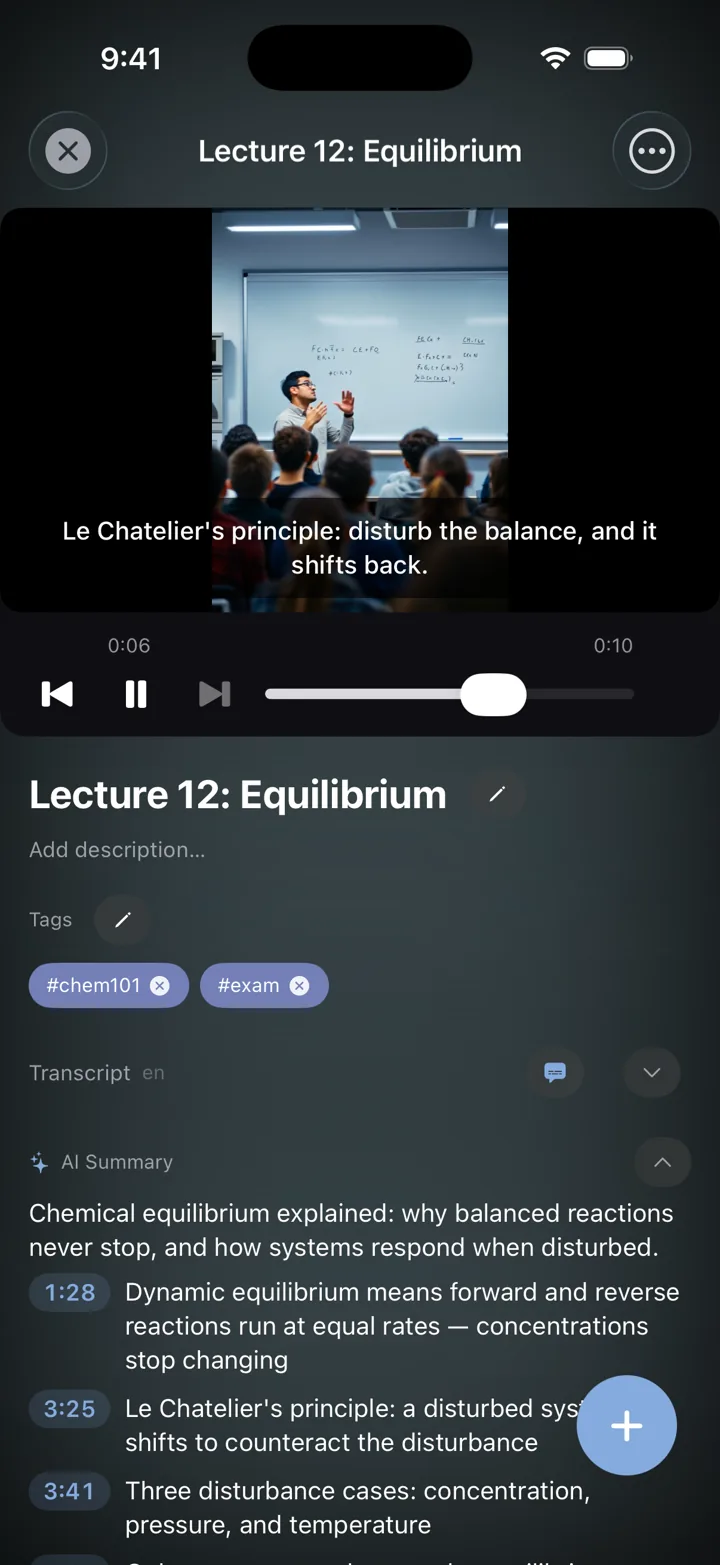 The lecture video open at 0:06 with the caption line highlighted on the word Chatelier