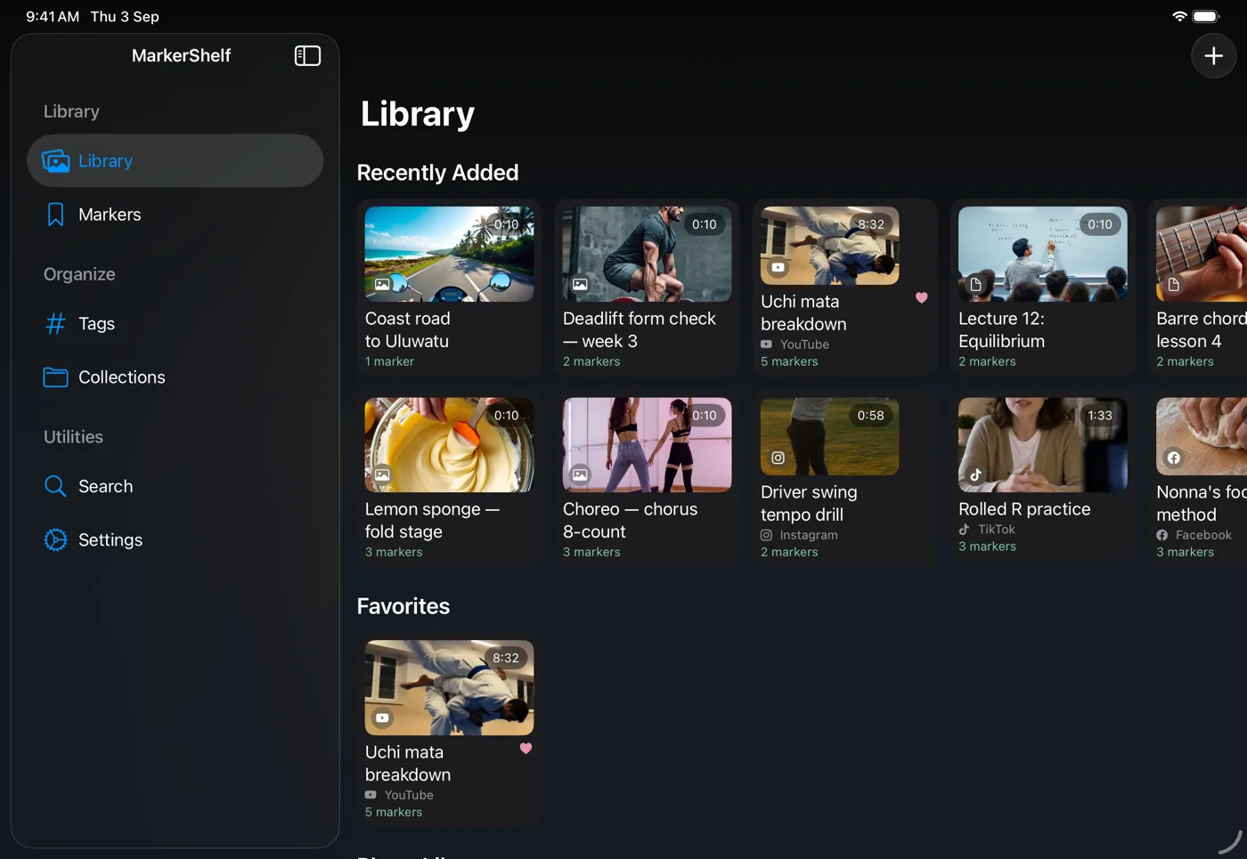 MarkerShelf library on iPad with a sidebar and a grid of videos from YouTube, Instagram, TikTok and Facebook